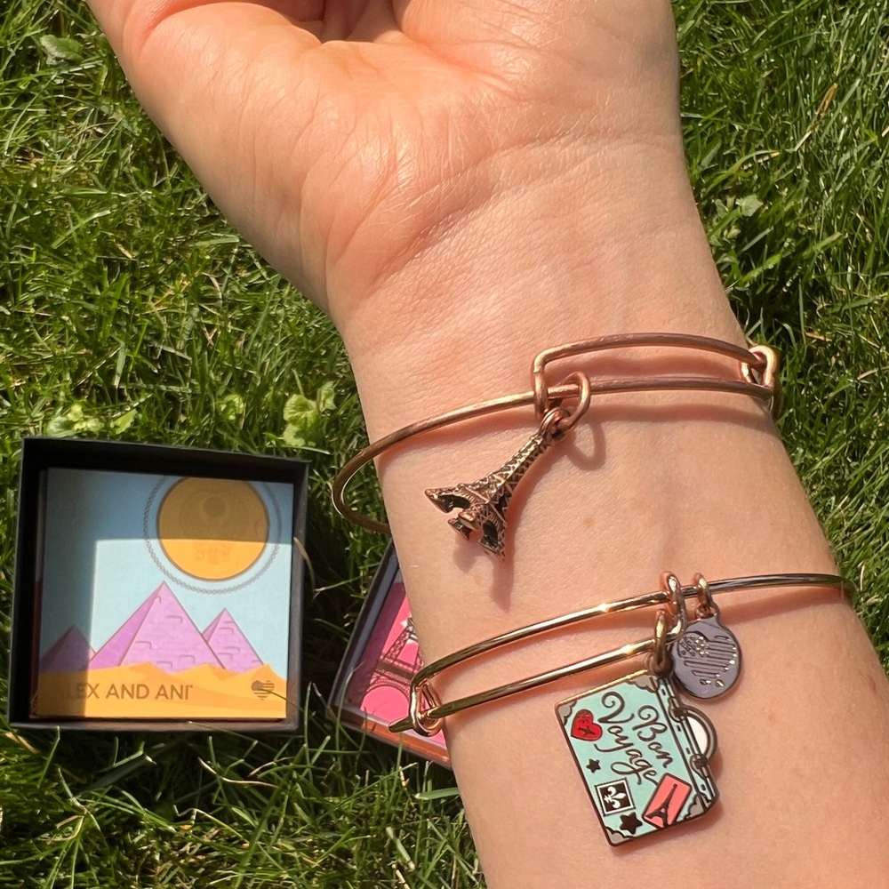 Alex and Ani charm bracelet bangle Eiffel Tower Iconic Love romance & Bon Voyage